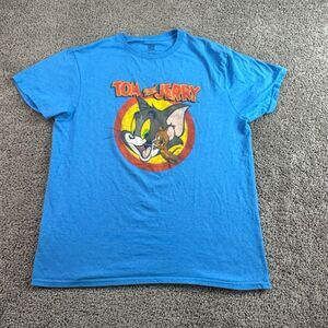 Tom & Jerry Shirt Mens Large Blue Orange Retro Cartoon Short Sleeve Casual *